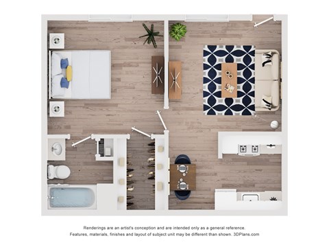 A top-down view of a modern living room with a sofa, coffee table, and a kitchen area.